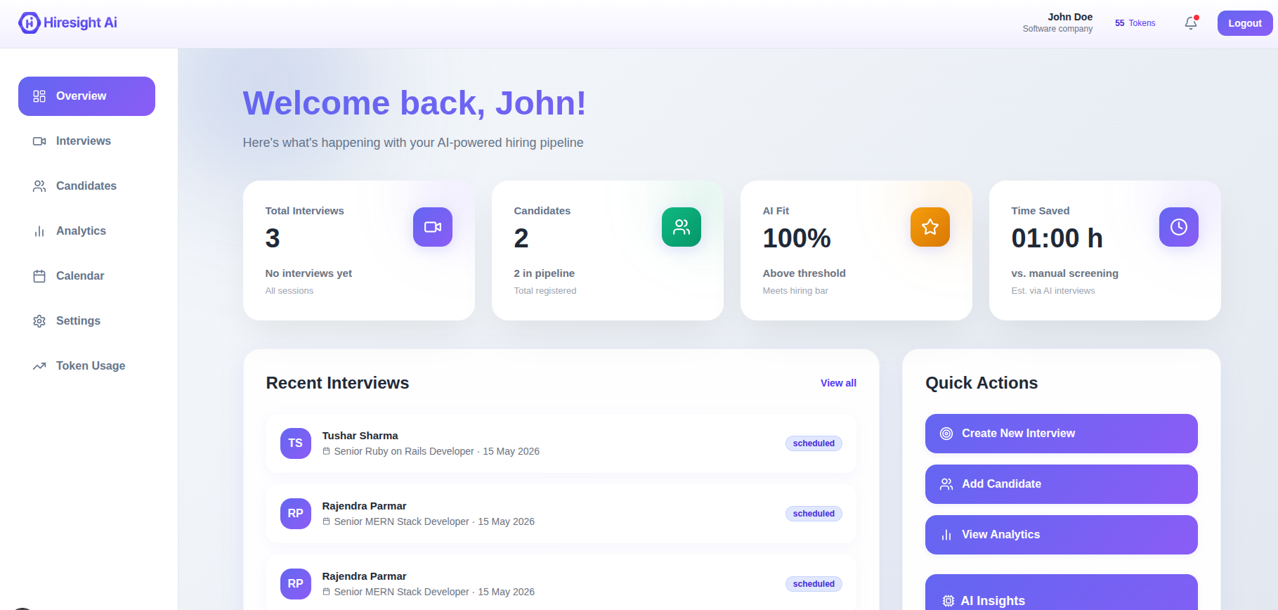 HireSight dashboard showing interview pipeline